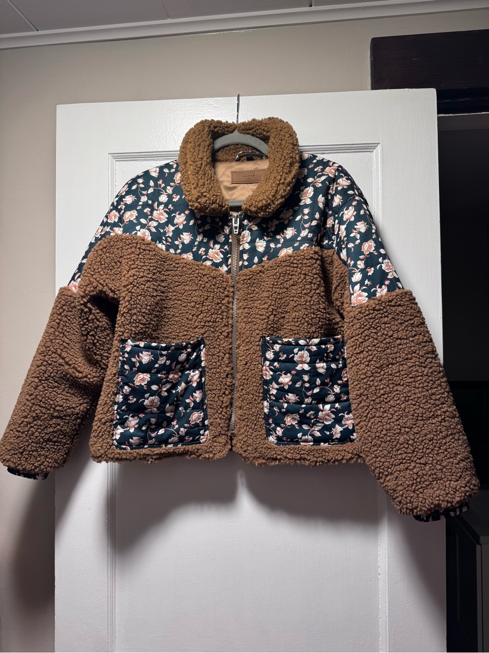 Women’s Brown Sherpa Floral-Trim Jacket Size S